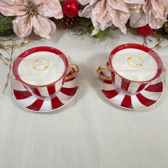 Grace Teaware Fine Porcelain Holiday Red Gold WH Stripe Tea Cups & Saucers 4PC - Picture 4 of 9